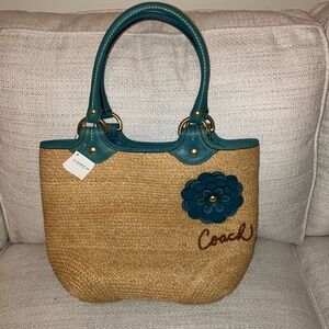 Coach Tan and Green Tote Bag with Elegant Floral Detail
